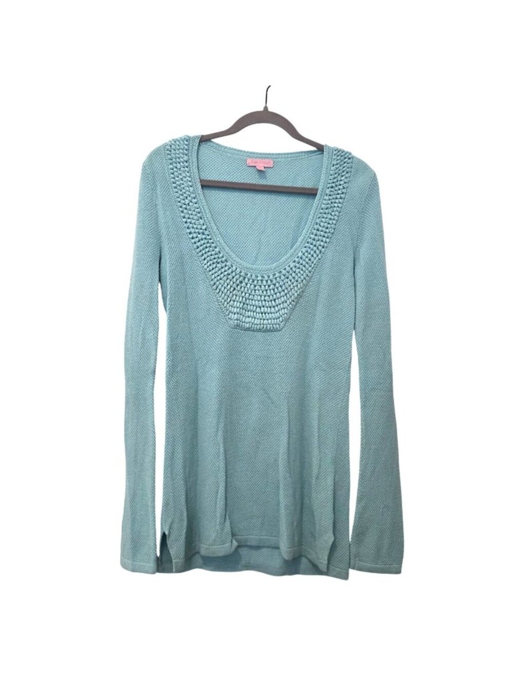Lilly Pulitzer Aqua Blue Crochet V-Neck Tunic Wool Sweater Womens Medium